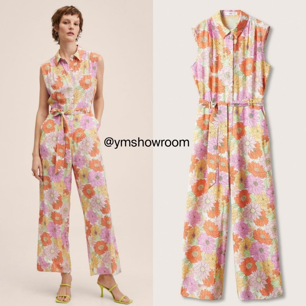 Mango Floral Sleeveless Belted Jumpsuit - Orange, Pink, White